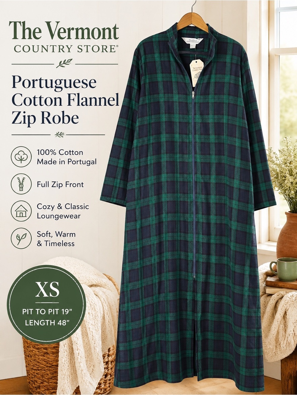 The Vermont Country Store Portuguese Cotton Flannel Zip Front Plaid Robe
